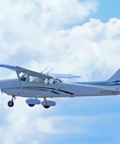 Flying Cessna 182 Airplane White And Blue Diamond Painting Art