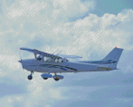 Flying Cessna 182 Airplane White And Blue Diamond Painting Art