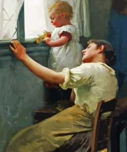 Vintage Mother And Daughter Looking Out The Window Diamond Painting Art