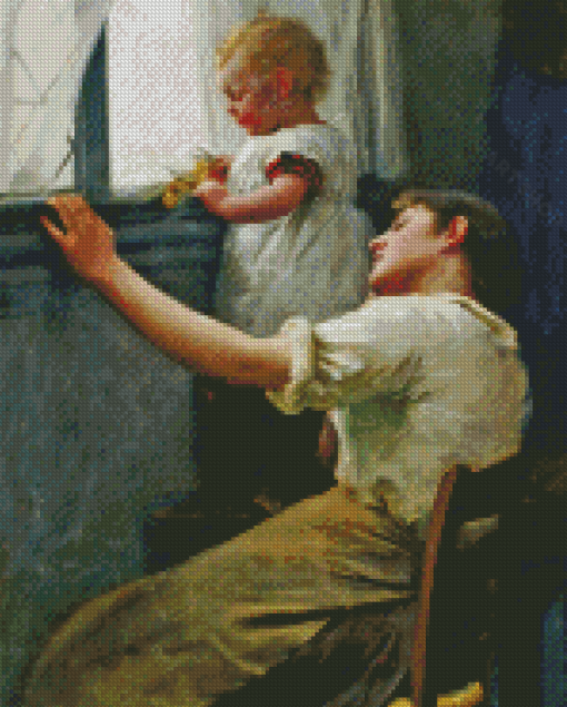 Vintage Mother And Daughter Looking Out The Window Diamond Painting Art