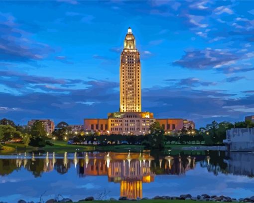 Baton Rouge State Capitol Water Reflection Diamond Painting Art