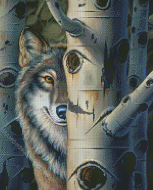 Half Wolf Among Birches Diamond Painting Art