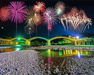 Japan Kintaikyo Bridge Fireworks Diamond Painting Art