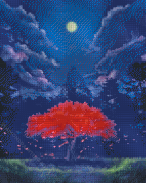 Purple Tree Blossom Moonlight Diamond Painting Art