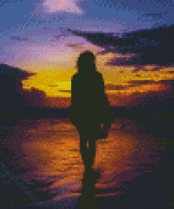 Girl Walking On Beach At Sunset Diamond Painting Art