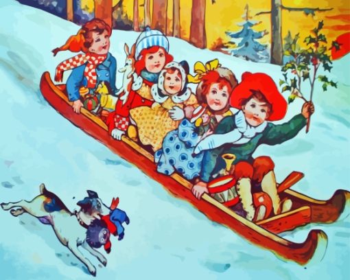 Antique Children Sledding Diamond Painting Art