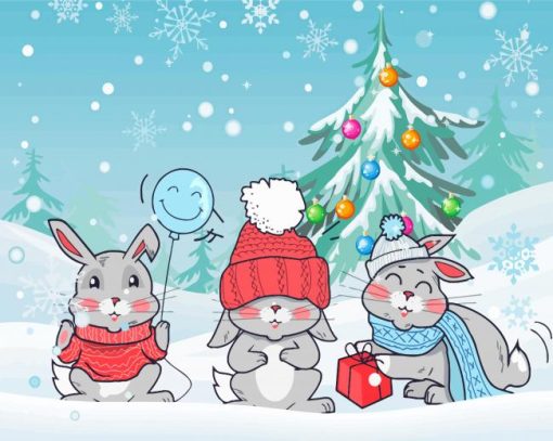 Christmas Bunnies In Snow Diamond Painting Art