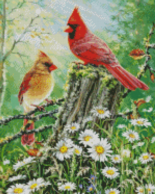 Daisies And Cardinals Diamond Painting Art