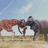 Giraffe Elephant Fight Diamond Painting Art