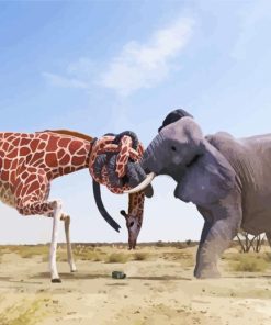 Giraffe Elephant Fight Diamond Painting Art