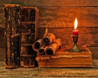 Old Candle Holder And Books Diamond Painting Art