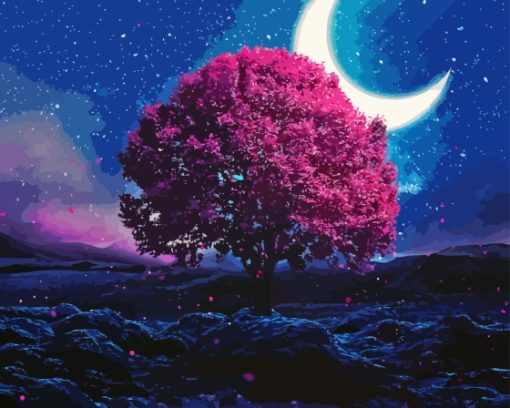 Purple Tree In Moon Diamond Painting Art