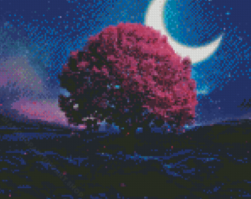 Purple Tree In Moon Diamond Painting Art