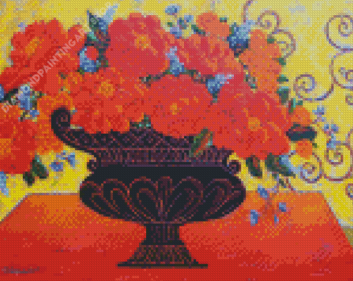 Vintage Red Peonies And Roses Vase Diamond Painting Art