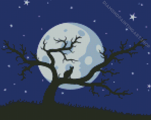 Night Landscape With Moon And Tree Diamond Painting Art