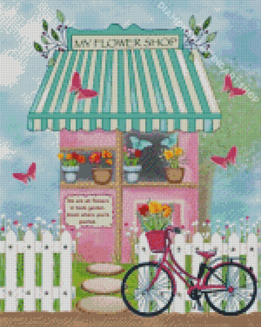 Bicycle At The Flower Shop Diamond Painting Art