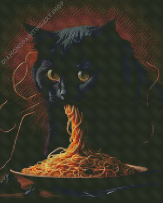 Black Cat Eating Spaghetti Diamond Painting Art