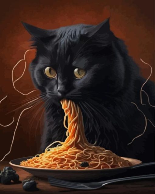 Black Cat Eating Spaghetti Diamond Painting Art