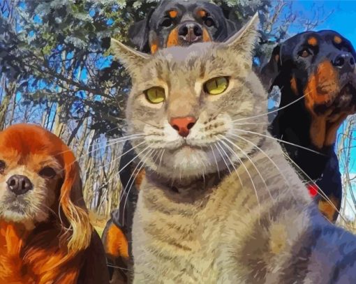 Cat And Dogs Selfie Diamond Painting Art