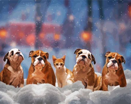 English Bulldogs In Snow Diamond Painting Art