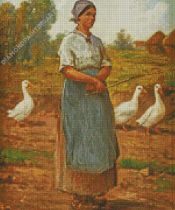 Farm Girl With Geese Diamond Painting Art