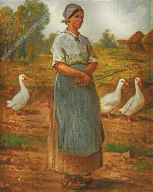 Farm Girl With Geese Diamond Painting Art