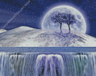 Winter Moonlight Waterfall Diamond Painting Art