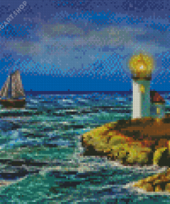 Sailboat And Lighthouse Diamond Painting Art