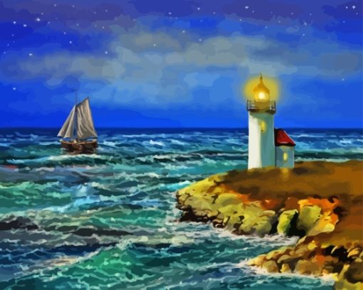 Sailboat And Lighthouse Diamond Painting Art
