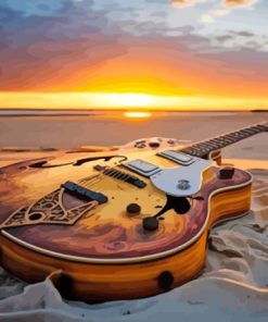 Guitar At Beach Sunset Diamond Painting Art