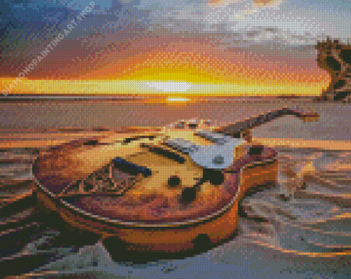 Guitar At Beach Sunset Diamond Painting Art