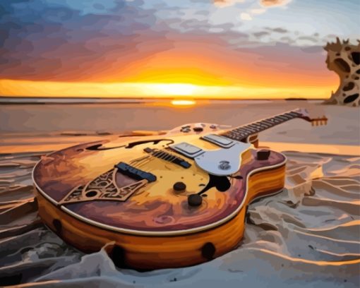 Guitar At Beach Sunset Diamond Painting Art