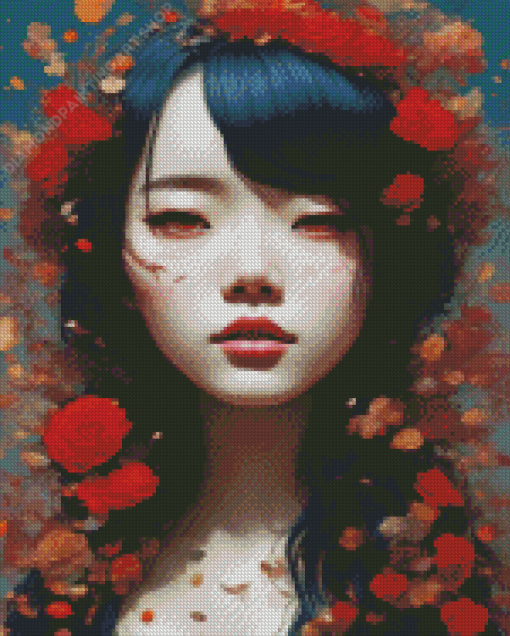 Japanese Girl Flowers Diamond Painting Art