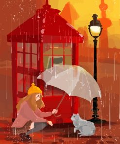 Girl Cat And Umbrella Diamond Painting Art