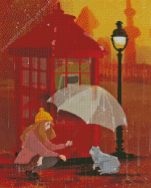 Girl Cat And Umbrella Diamond Painting Art