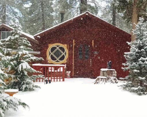 Snowfall Forest Cabin 5D Diamond Painting Art