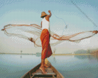 Fisherman Throwing Net Diamond Painting Art