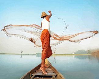 Fisherman Throwing Net Diamond Painting Art