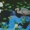 Heron In A Swamp With Lilies Diamond Painting Art