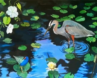 Heron In A Swamp With Lilies Diamond Painting Art