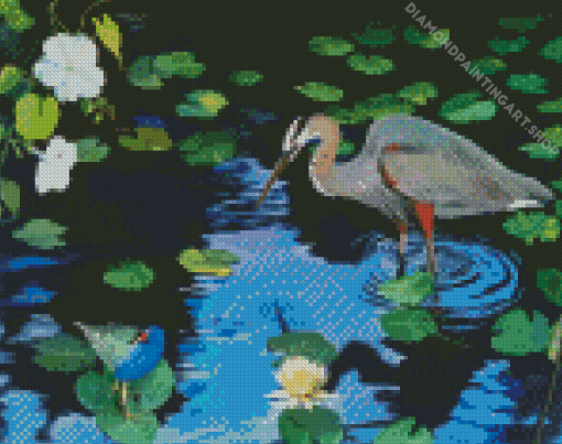 Heron In A Swamp With Lilies Diamond Painting Art