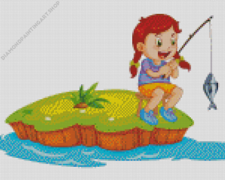 Happy Girl Fishing Diamond Painting Art