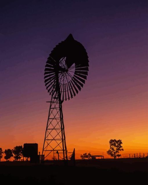 Western Windmill Silhouette Sunset Diamond Painting Art