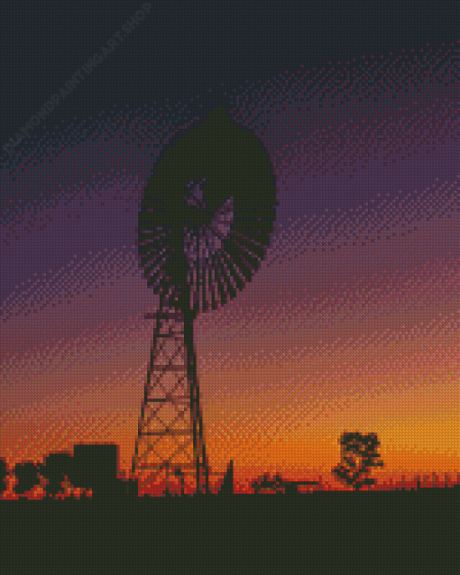 Western Windmill Silhouette Sunset Diamond Painting Art