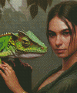 Woman And Green Iguana Diamond Painting Art