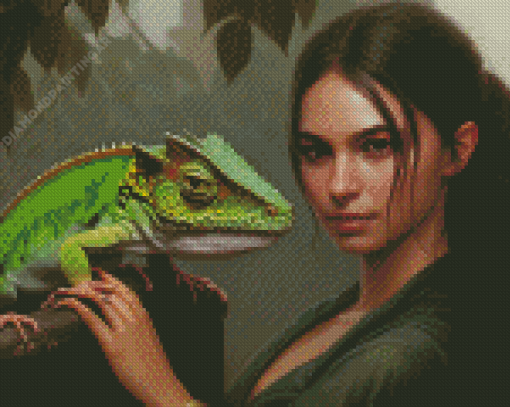 Woman And Green Iguana Diamond Painting Art