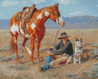 Cowgirl And Horse And Dog Diamond Painting