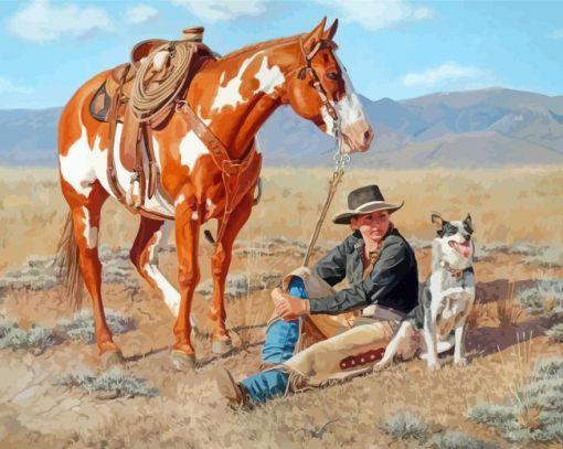 Cowgirl And Horse And Dog Diamond Painting