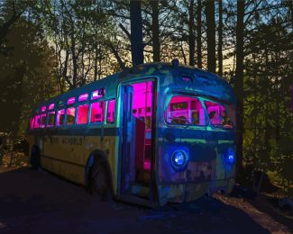 Abandoned School Bus In The Forest Diamond Painting