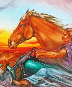 Man On Motorcycle and Horse Diamond Painting
